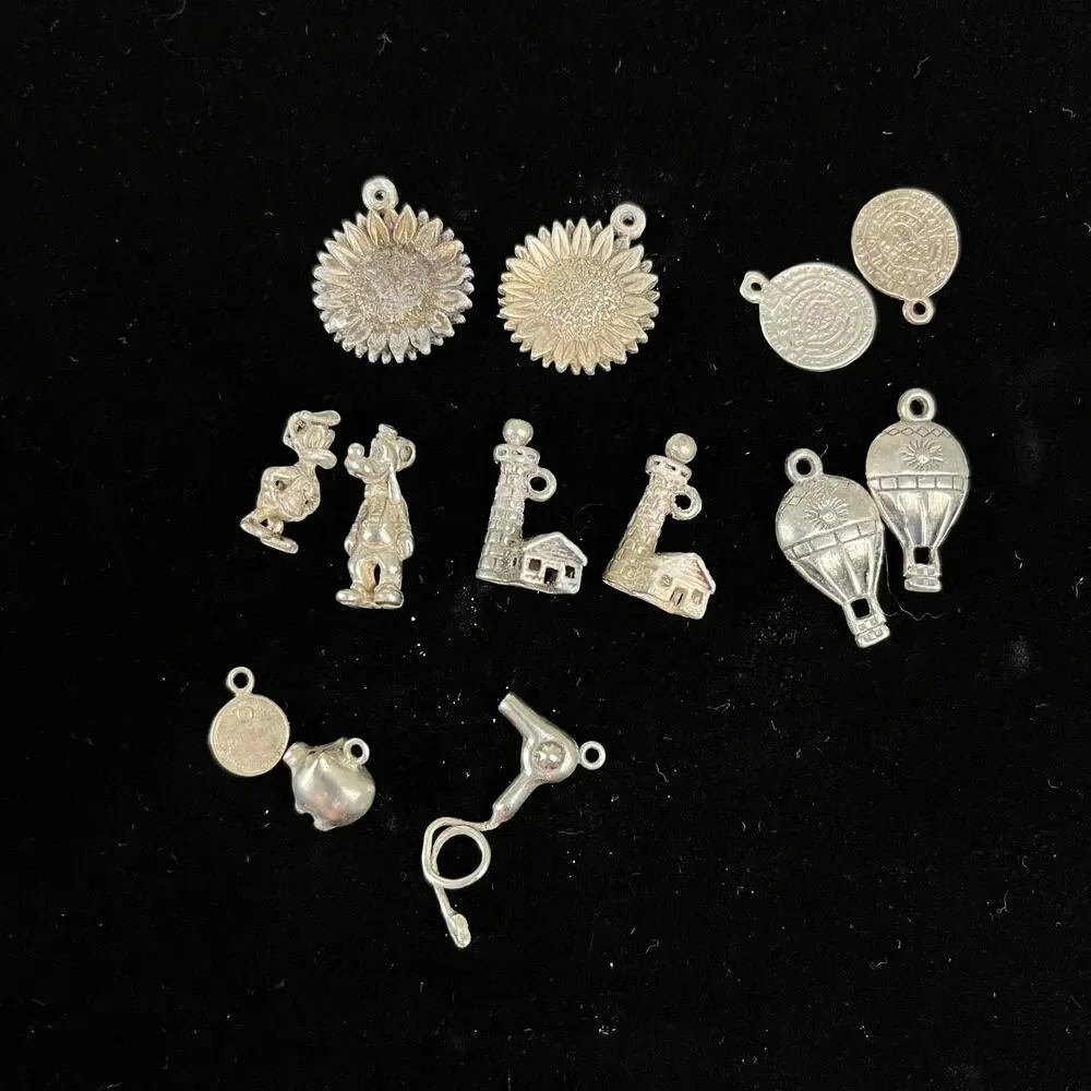 29g Vintage Sterling Silver 925 Charm Lot 13pc Travel Sunflower Balloon